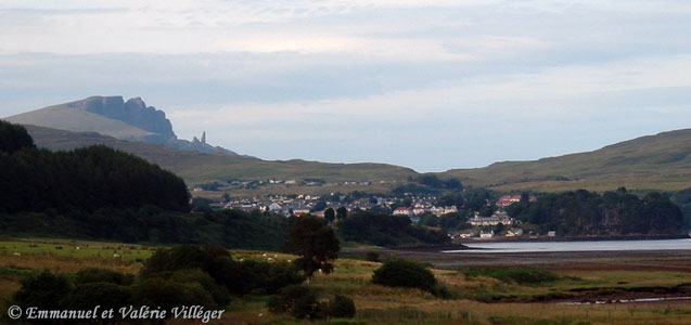 General view of Portree from the road to Penifilar, Storr and its old man in the background